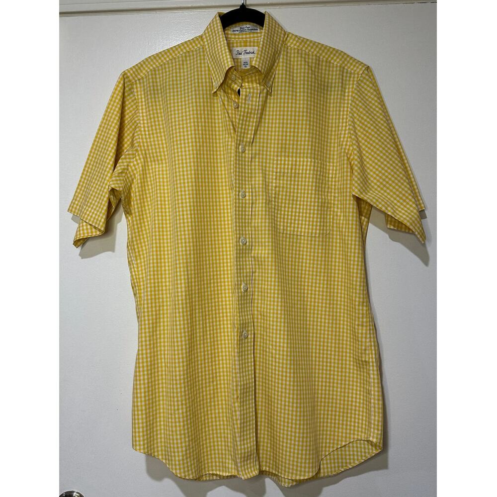 Paul Fredrick Men's Size 15 Button Down Shirt Yellow Micro Gingham Checkered